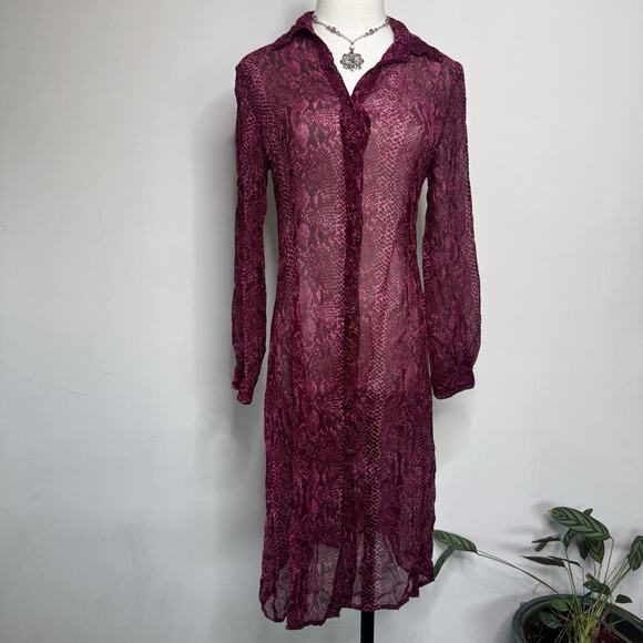 Vintage 90s TRIO Silk Fuchsia Snakeskin Button Front Sheer Midi Fairy Goth 4 - Picture 1 of 6